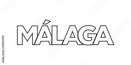 Malaga in the Spain emblem. The design features a geometric style, vector illustration with bold typography in a modern font. The graphic slogan lettering.
