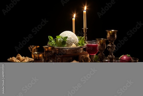 Passover Seder Table featuring Matzah and Symbolic Elements, Evoking Ancient Traditions photo