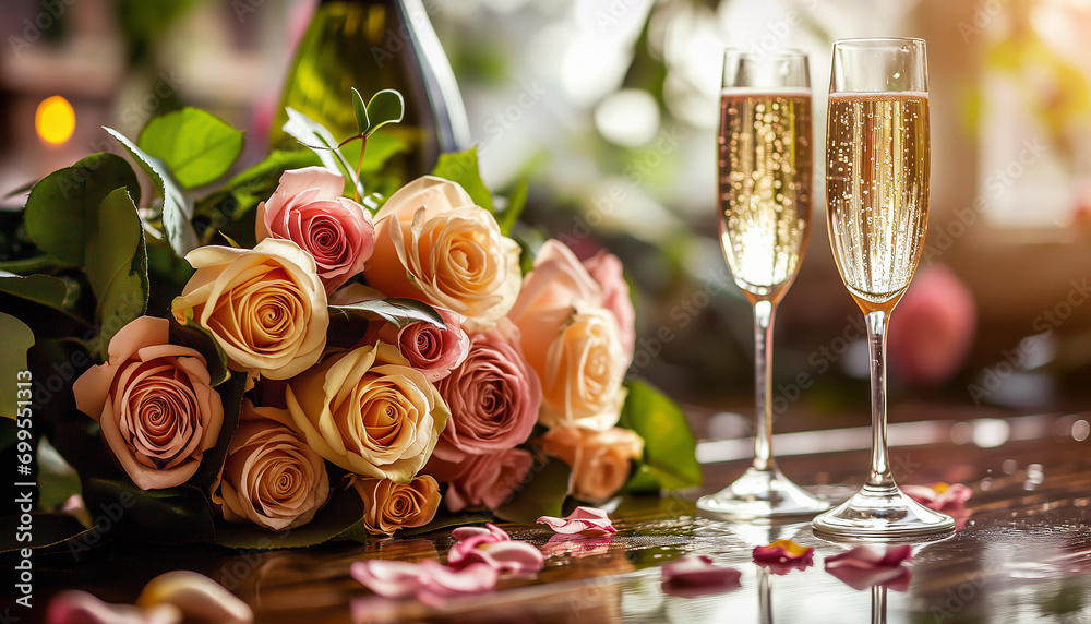 Romantic roses and champagne glasses, a perfect pair Romantic roses and champagne glasses, a perfect pair
