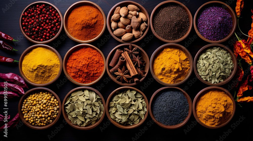 A bird's eye view of a fragrant spice emporium, displaying an assortment of vivid spices. A bird's eye view of a fragrant spice emporium, displaying an assortment of vivid spices.
