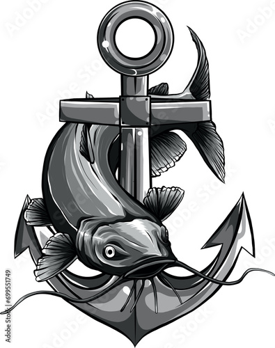 monochromatic catfish with anchor on white background