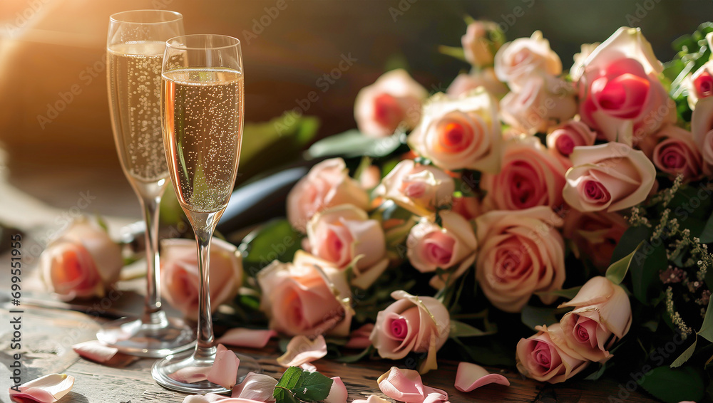 Champagne flutes and a gorgeous rose bouquet Champagne flutes and a gorgeous rose bouquet