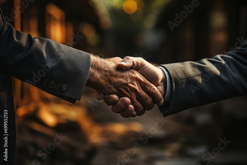 Dedicated real estate agent and an appreciative customer marking home insurance contract with a sincere handshake, Generative AI photo