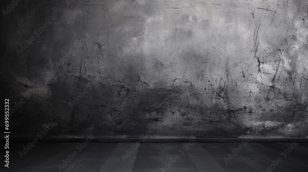 Immerse yourself in the rugged sophistication of a black wall texture and dark concrete floor creating an old grunge background. - obrazy, fototapety, plakaty 