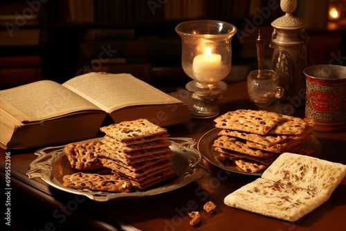 Passover Seder Table featuring Matzah and Symbolic Elements, Evoking Ancient Traditions photo