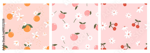 Seamless pattern with orange, peach, cherry and cute flower on pink backgrounds vector. Cute fruit print.