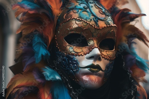 Mask with vibrant hues worn during Venice festivities. Generative AI