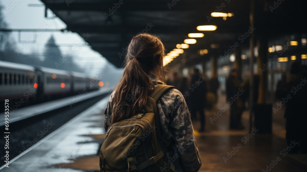 Solitude in Service: Back View of Female Soldier Waiting Alone at Train Station - obrazy, fototapety, plakaty 