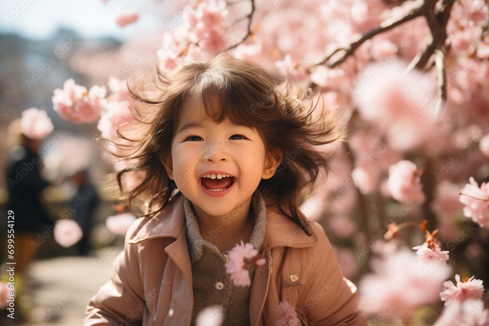 Fototapeta premium Bella bambina di origini asiatiche corre felice in mezzo ai fiori di ciliegio in primavera
