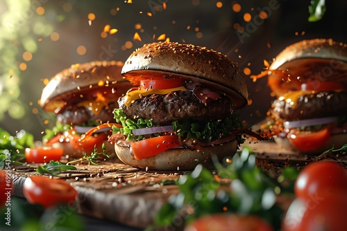 Ultra-realistic 3D burgers falling in the air with grilled meat, presented in a detailed angle view food photo. photo