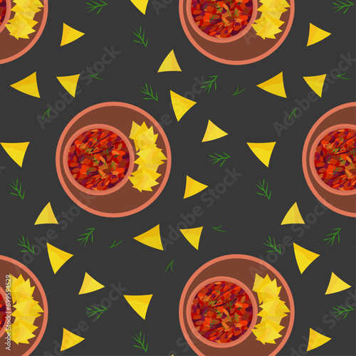 Chili con carne with tacos. Pattern with food. Vector illustration.