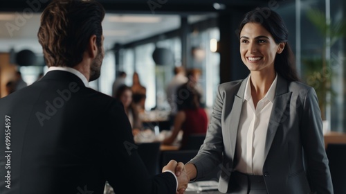 A joyful middle-aged female business leader shaking hands with a customer in the workplace, while standing at a conference table.