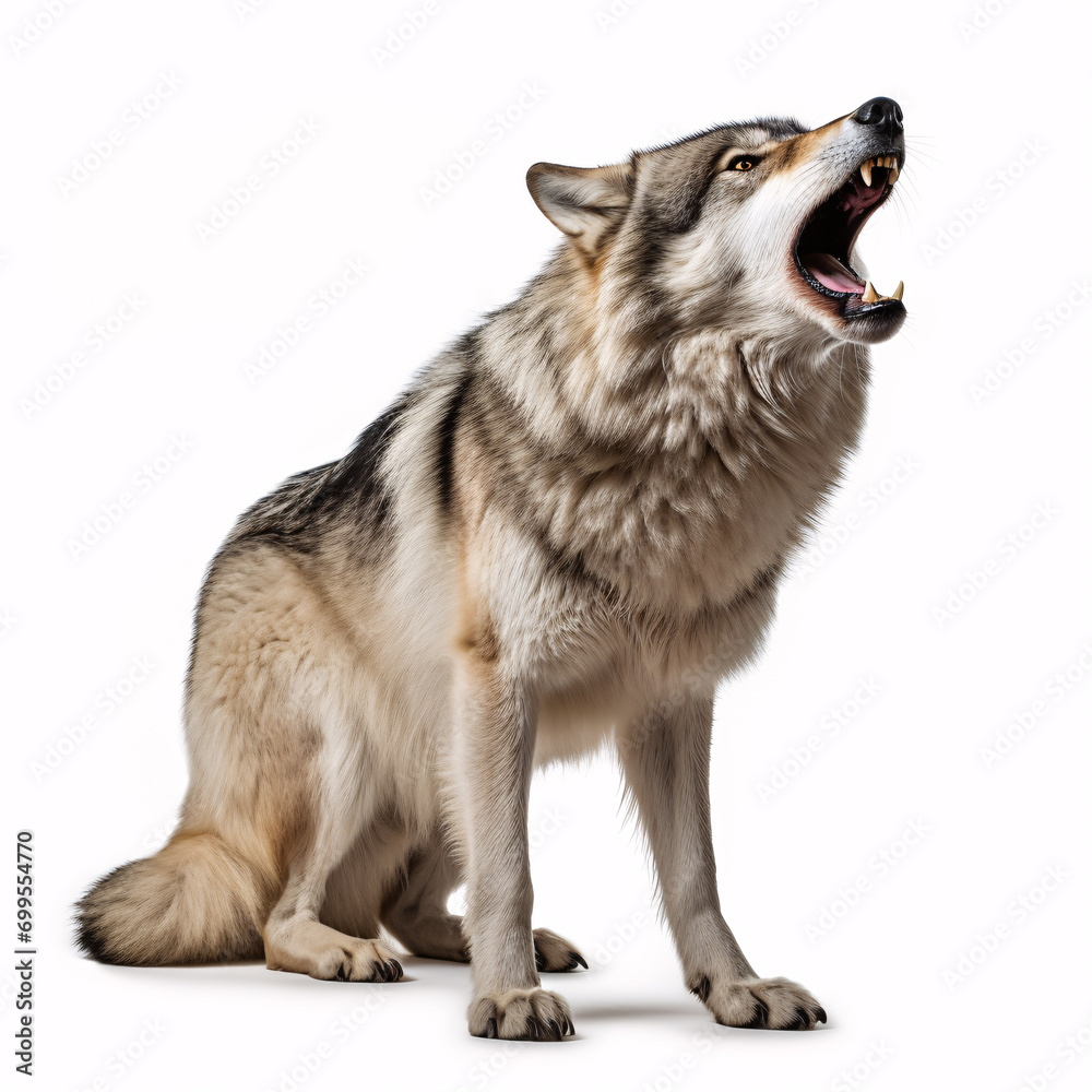 Obraz premium A howling gray lupine alone on a pristine background.