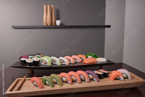 Exquisite close-up featuring an array of meticulously crafted sushi, highlighting the finesse and artistry behind each delectable piece. Ideal for promoting culinary excellence and Japanese cuisine.