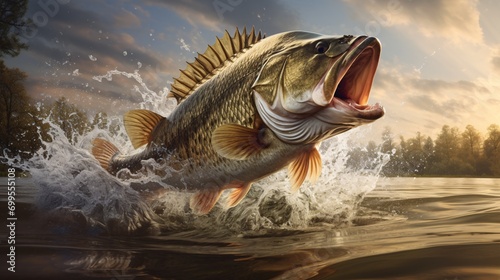 Huge-mouthed bass leaping from the sea. photo