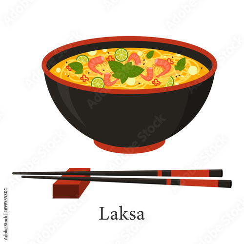 Laksha noodle soup - a dish of rice noodles with shrimp in fish broth. Vector illustration. photo