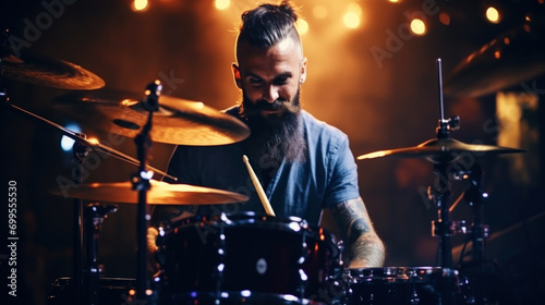 Close-up of a drummer with a beard playing the drums on a festive background. Rock concert concept. Generative AI