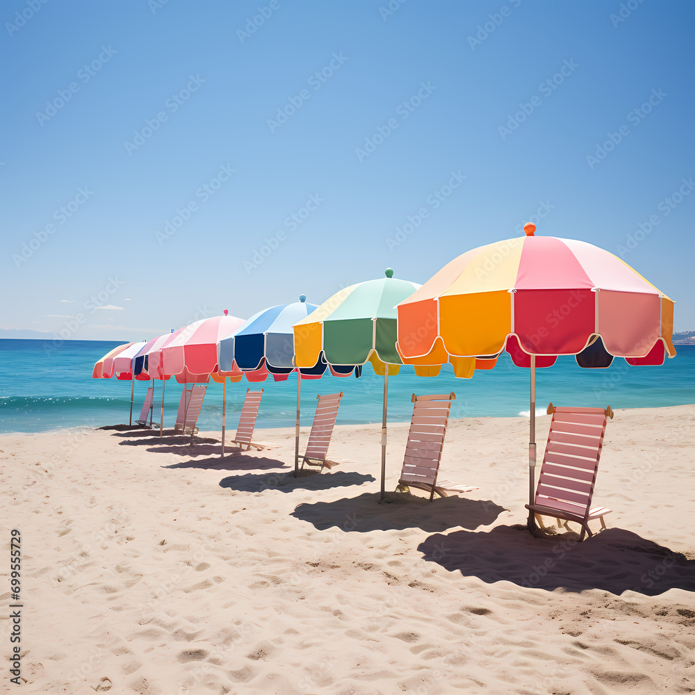 A row of colorful beach umbrellas on the shore
