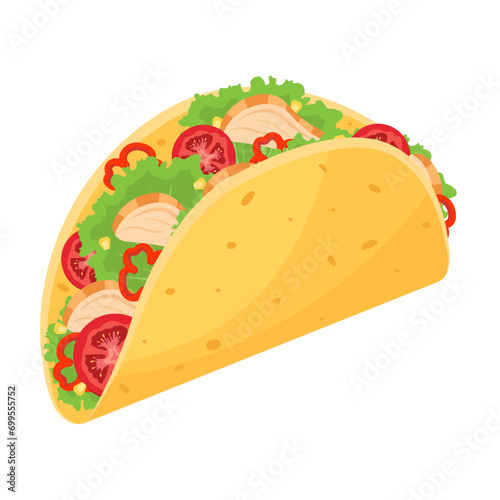 Tacos with chicken and vegetables. Traditional Mexican fast food. Vector illustration.