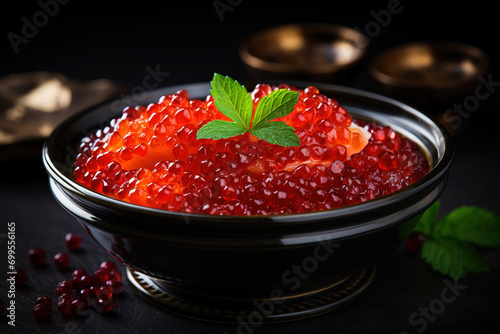 Red Caviar. Caviar in bowl over black background