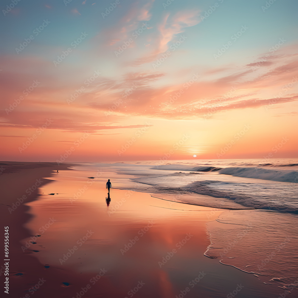 A serene beach at sunset with a lone surfer.