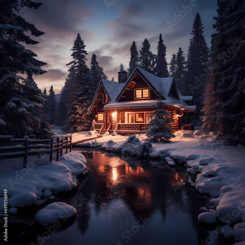 Snow-covered cabin in a winter wonderland. © Cao