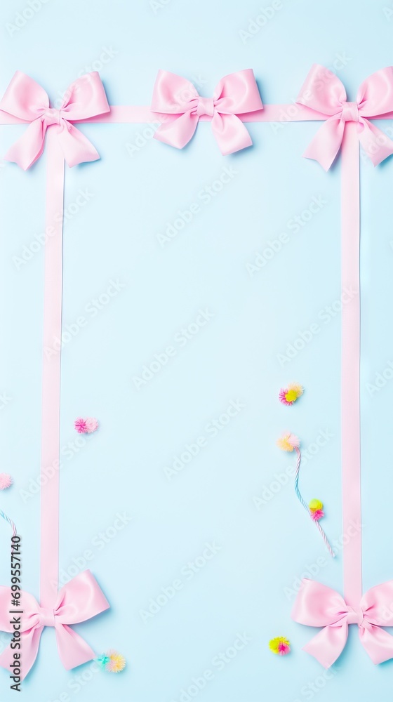 Soft pink ribbons forming a border on a blue backdrop
