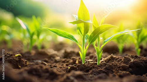 Corn field with young plants on fertile soil promotion photo