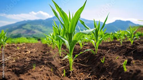 Corn field with young plants on fertile soil promotion