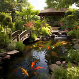 A tranquil garden with a koi pond and bridge.