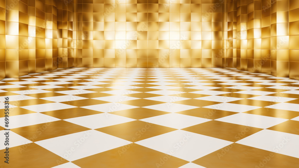 Empty room interior in yellow and gold colors. White lighting. Wallpaper.