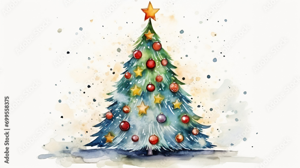 Watercolor illustration decorated Christmas tree