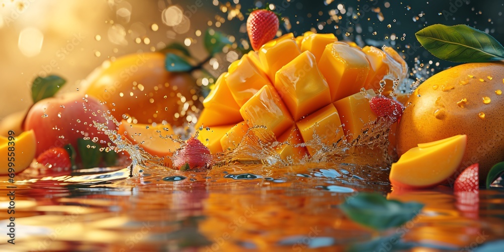 Vibrant mango papaya juice explosion, bursting with summer flavor and ripe tropical fruits. - obrazy, fototapety, plakaty 