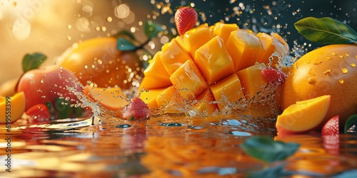 Vibrant mango papaya juice explosion, bursting with summer flavor and ripe tropical fruits.