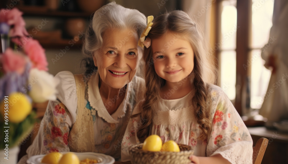 A portrait of a grandmother and her granddaughter smiling with a basket of yellow Easter eggs. A portrait of a grandmother and her granddaughter smiling with a basket of yellow Easter eggs.