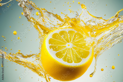 citrus splashes. on a gradient background yellow lemon with splashes of juice and water, creative concept photo