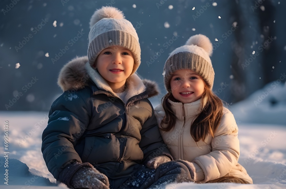 cute little kids boy and girl playing with outdoor snow