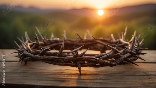 Crown of wooden thorns in a wooden table and sunset background symbolizing suffering from Generative AI photo