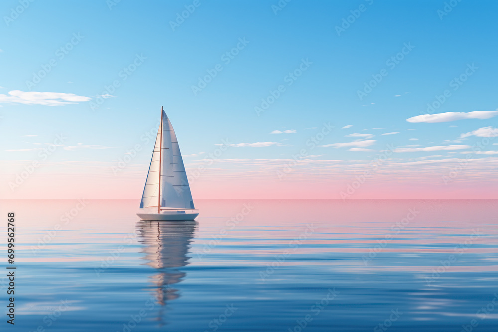 Sailboat on Tranquil Pink Sunset Waters.