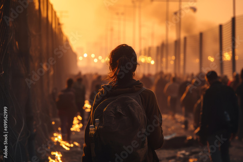 Evacuees Walking Towards Safety at Sunset. photo