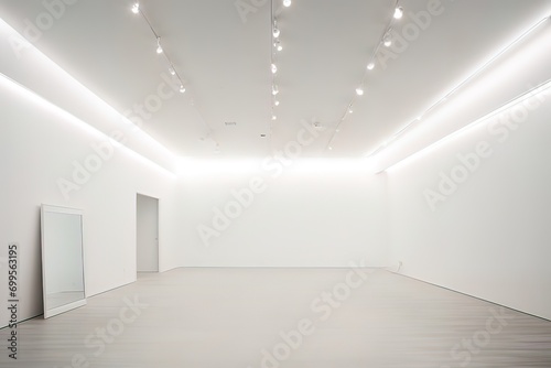 Minimalistic gallery interior with ceiling lamps and blank wall. Made with Generative AI