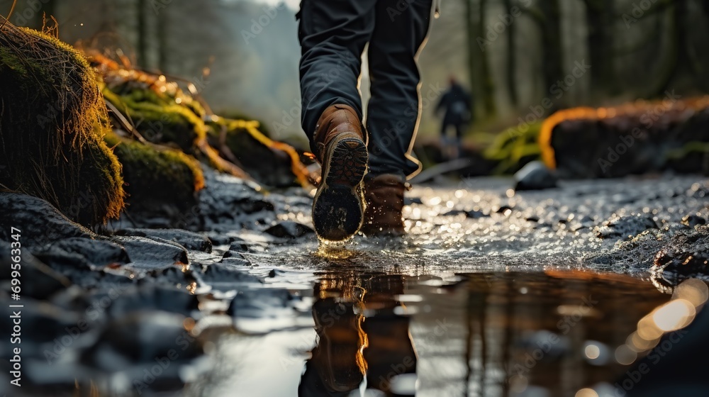 Man hiking in the mountains. Hiking boots in a creak. Woman walking in the mountains. Hiking boots. Man hiking in the mountains. Hiking boots in a creak. Woman walking in the mountains. Hiking boots.