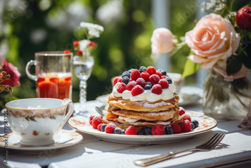 Pancakes with Fresh Berries Outdoor Brunch Setting.