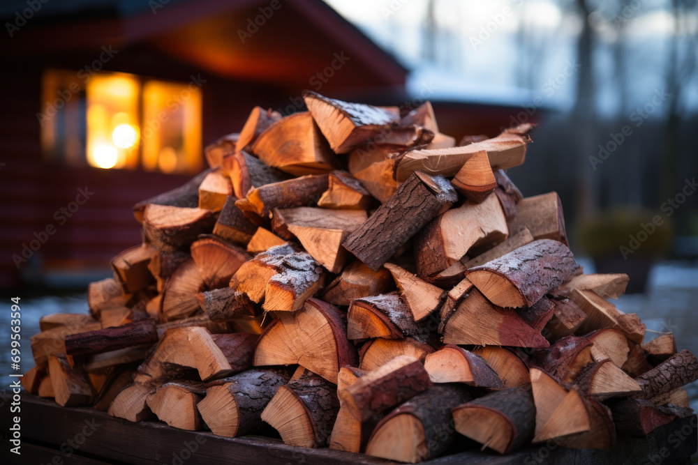 Firewood Stack in Front of Cozy Cabin at Dusk.