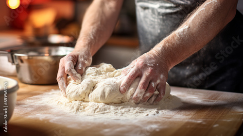 Baker Hands Kneading Dough on Wooden Table.