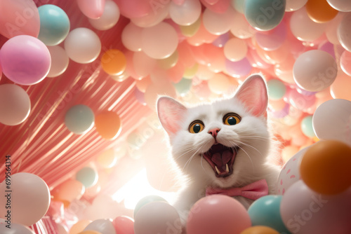 Joyful White Cat Playing with Balloons.