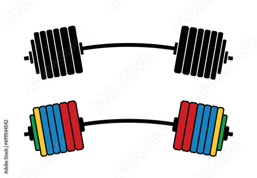 Barbell icons set. Symbol of strength or training. An attribute of sport, achievement, or athlete.