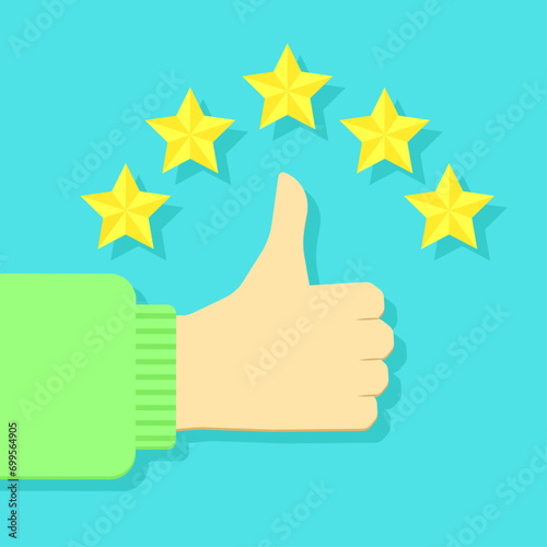 The client gives five gold stars and praises. The client gives the rating five stars. Vector illustration