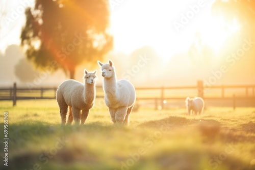alpacas roaming in golden hour light photo
