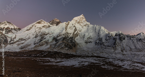 Everest Panorama with Lhola mountain(L) and Mt. Lhotse(R) seen from Kala Patthar just after the sunset in the Himalayas.
